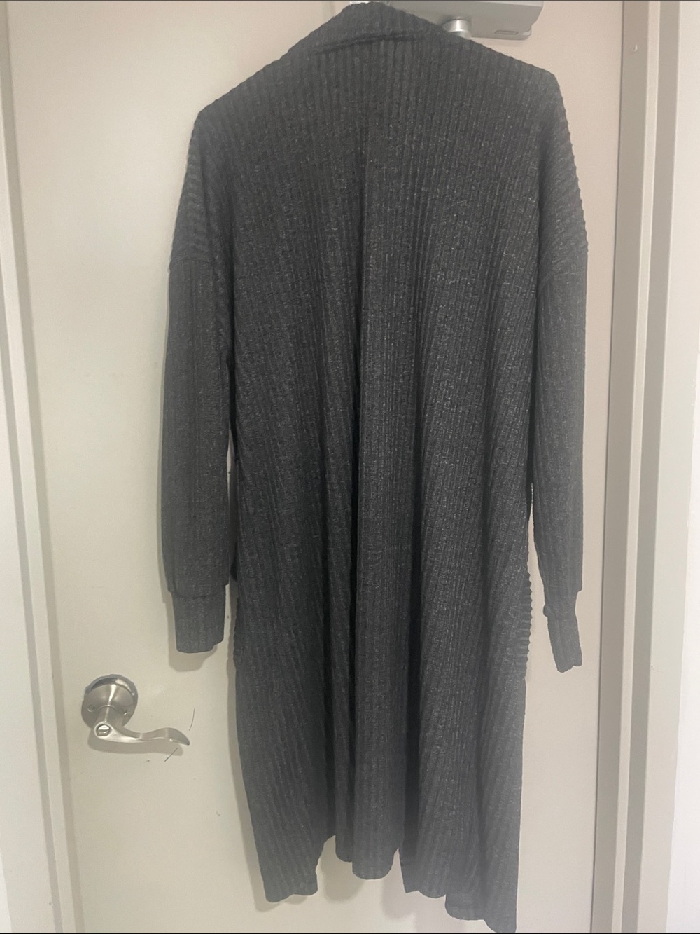 Long Open-Front Charcoal Ribbed Cardigan - Picture 7 of 7